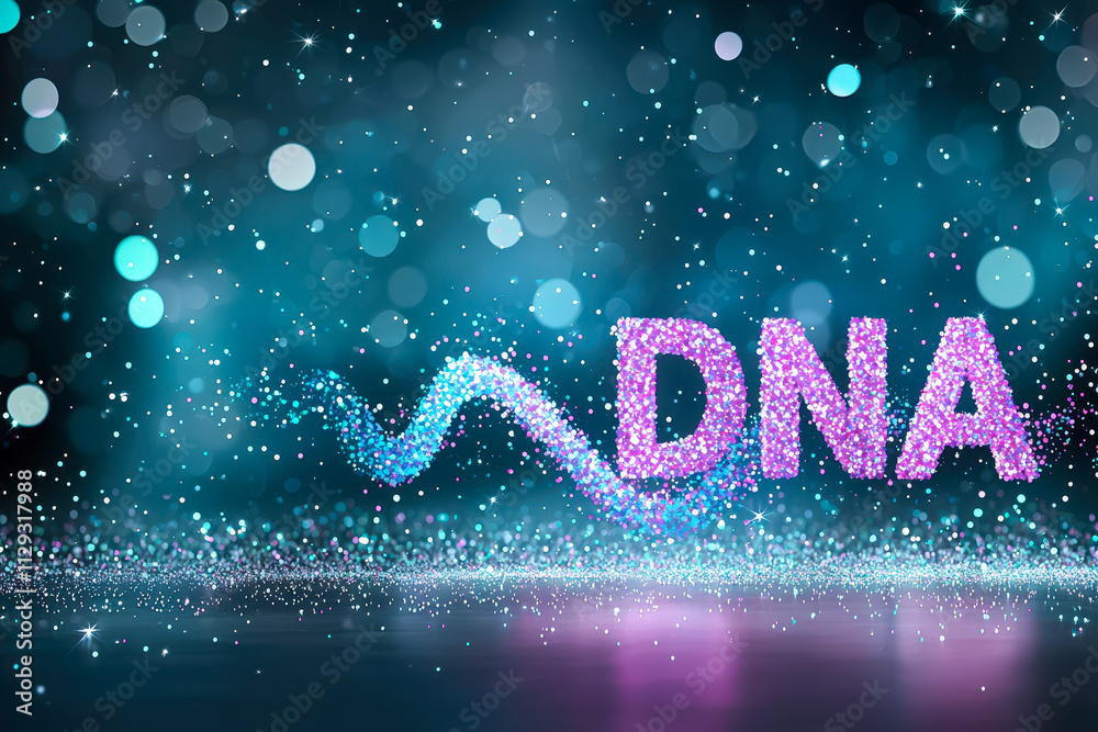 Poster colorful dna text representation glowing against a shimmering blue background with sparkling lights
