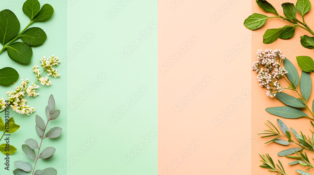Aufkleber fresh greenery and delicate flowers arranged on colorful backgrounds for a vibrant mock-up design