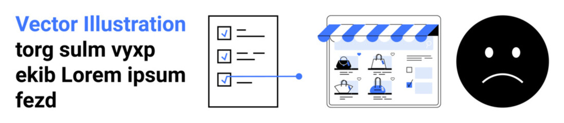 Checklist with three items pointing to an e-commerce store displaying products, next to an unhappy face. Ideal for customer feedback, online shopping experience, website evaluation, user
