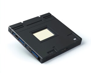 Classic 3.5 Inch Floppy Drive. A Black Magnetic Disk Isolated on White Background, Showcasing Nostalgic Computer Memory