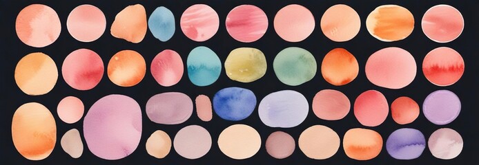 Set of rounded watercolor shapes in irregular sizes and colors, circular, round, watercolor painting