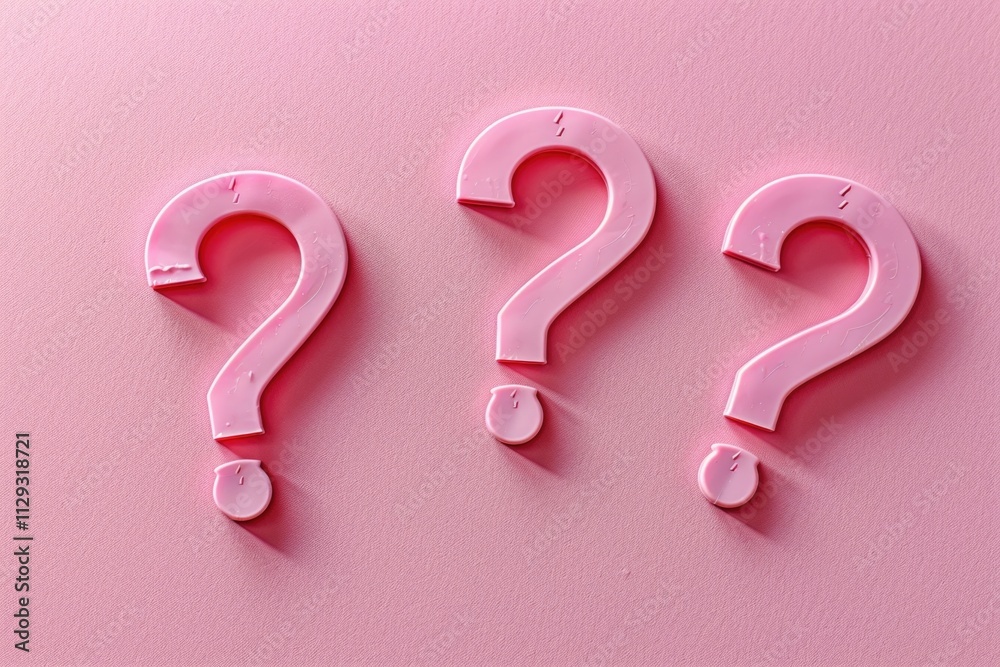 Poster three pink question marks on a smooth pink surface, ideal for representing curiosity or thoughtfulne