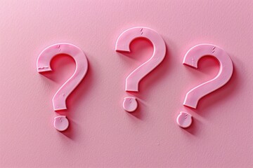 Three pink question marks on a smooth pink surface, ideal for representing curiosity or thoughtfulness