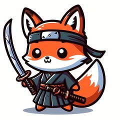 Cute Fox Warrior With Katana Sword Cartoon Vector Icon Illustration