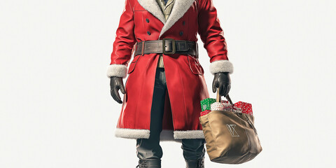 Strong santa holding a bag full of supplies, Christmas holiday season background