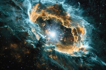 Fototapeta premium A large star shines brightly in the center of a galaxy, surrounded by stars and galaxies