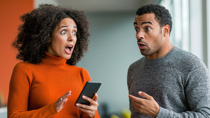 woman showing her phone to her partner, both surprised and engaged