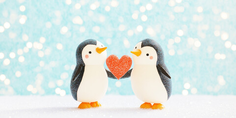 Cute two penguins holding each other with love symbol, winter theme