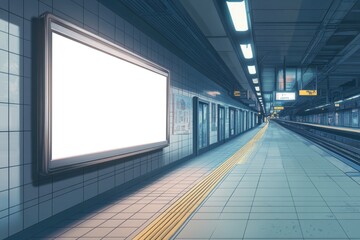 Illuminated Blank Digital Display in Subway Station with Silver Frame Ready for Poster Advertisement
