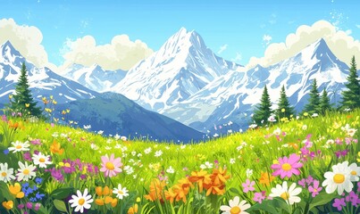Fototapeta premium A vibrant landscape featuring colorful flowers in a meadow, with majestic snow-capped mountains under a bright blue sky.