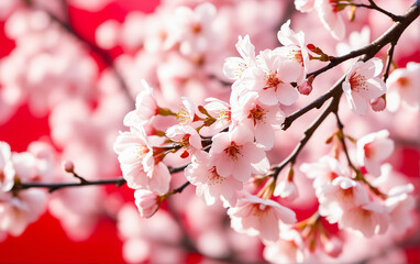 Fototapeta premium A close-up of delicate cherry blossoms in full bloom, bathed in vibrant spring sunlight.