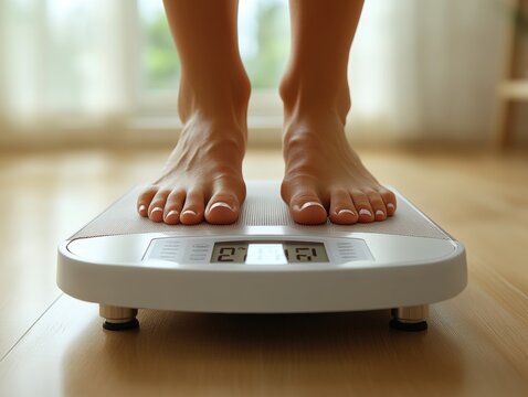 Bare feet on digital scale indoors highlighting healthy lifestyle and weight awareness