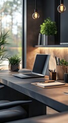 A modern workspace featuring a laptop, plants, and stylish decor, creating a serene and productive atmosphere.