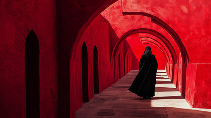 Mysterious figure in black cloak walking through vibrant red arched corridor with striking shadows and light