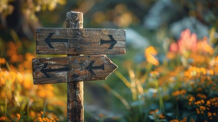 A wooden sign with two arrows pointing in opposite directions