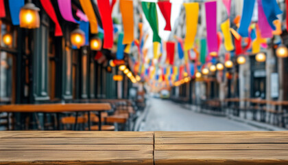 Obraz premium Empty wooden table in front of a colorful street scene.
