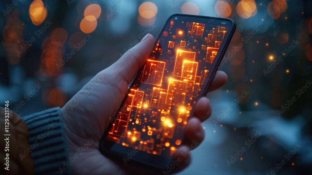 Poster a person holds a smartphone with a glowing screen