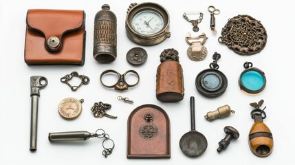 Antique trinkets, tools, and small containers.