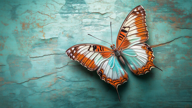 Resting on a tactile ground of teal, a dazzling butterfly showcases its splendid wings colored in a harmonious mix of orange and white