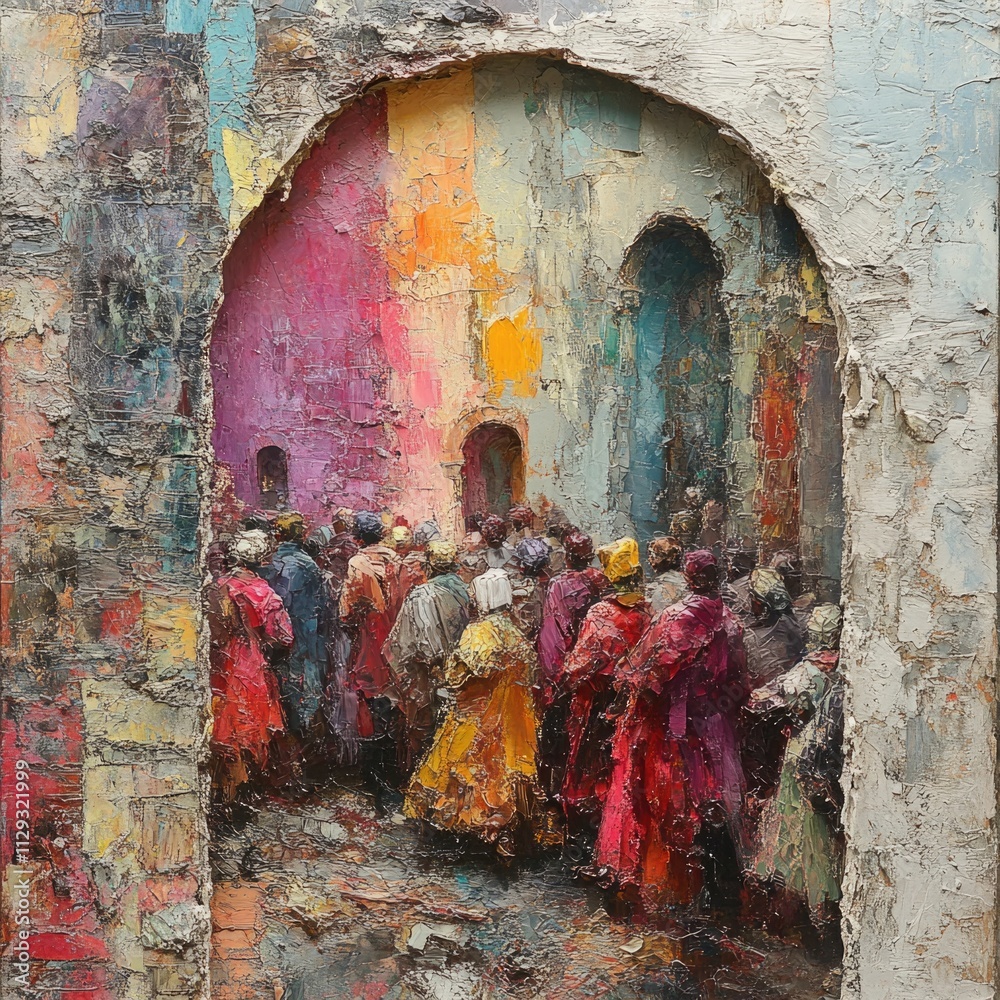 Aufkleber A group of people gathered in front of a large structure, likely awaiting an event or discussing something