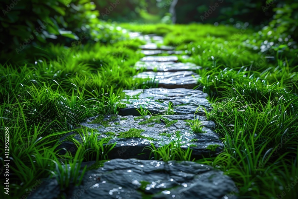 Poster a serene landscape with a stone path leading through a lush green field, perfect for use as a backgr