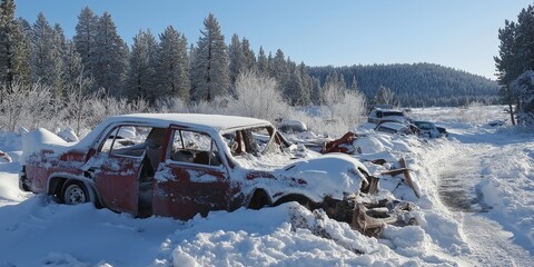 A red car is covered in snow and is surrounded by other cars. The scene is desolate and abandoned