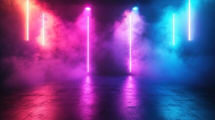 Fototapeta premium Vibrant neon lights and fog in tunnel for party atmosphere