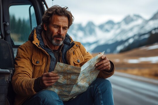 Man exploring mountain terrain with map in winter adventure travel