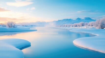 Obraz premium Serene winter sunrise: tranquil landscape of snowy river and frosted trees
