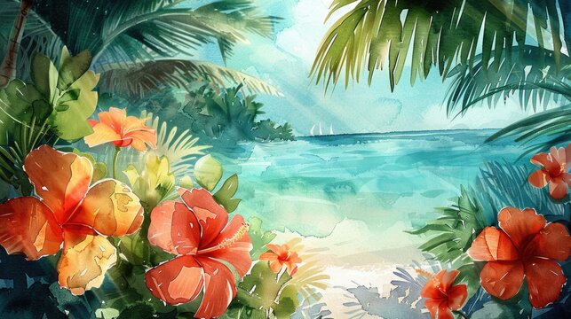 Colorful illustration of palm trees and ocean waves on a sunny beach day