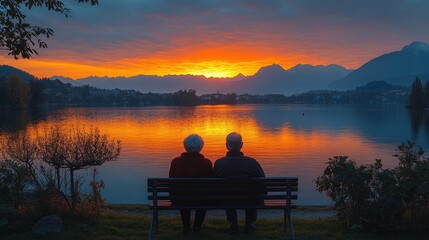 Obraz premium Serene sunset: elderly couple enjoying tranquil evening by peaceful lake with mountain backdrop
