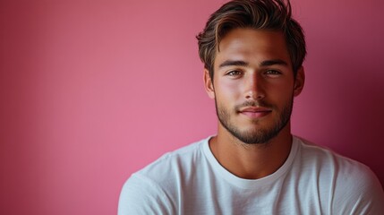 Obraz premium Confident young man with beard sitting against a pink background
