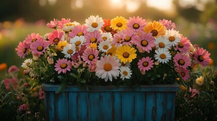 Fototapeta premium Vibrant daisies in rustic wooden planter at sunset in blooming garden
