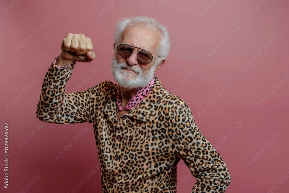 Poster a person wearing a beard and a leopard print shirt, standing in a casual setting