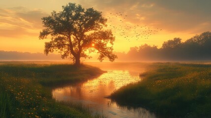 Naklejka premium Serene Landscape at Dusk with a Majestic Tree Silhouette, Calm Water, and Birds in Flight Amidst a Golden Sunset Over Rolling Meadows