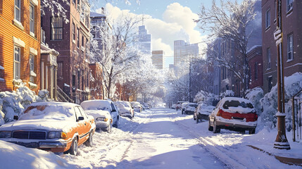 Obraz premium Snow-covered city street with parked cars and winter charm after fresh snowfall .4k image