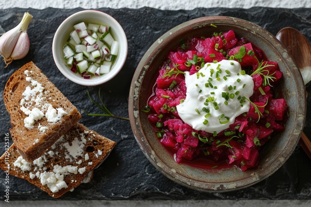 Poster a warm and inviting bowl of beetroot soup served with a dollop of sour cream and crusty bread