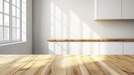Obraz premium Wooden light empty table top in modern white kitchen, kitchen panel in interior