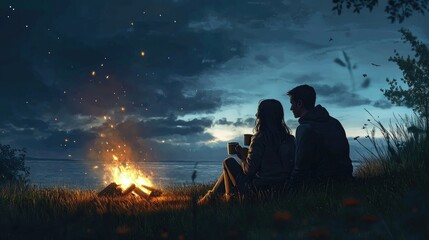 Couple enjoys a campfire by a lake at night.