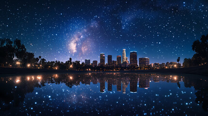 Naklejka premium A nighttime view of los angeles skyline with a glimmering starry sky reflected in water. Horizon. Illustration