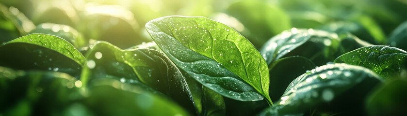 Fototapeta premium Close-up of vibrant green leaves glistening with water droplets, illuminated by soft sunlight, showcasing nature's beauty and freshness.