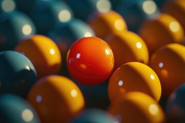 A collection of colorful balls, featuring a bright red ball surrounded by blue and orange ones