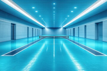 Fototapeta premium Indoor tennis facility with a bright blue floor
