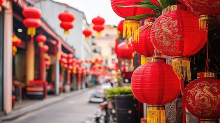 A vibrant street scene with red lanterns and decorations for Chinese New Year