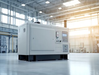 A modern generator room in a factory with large machinery, pipes, and control systems, showcasing industrial technology