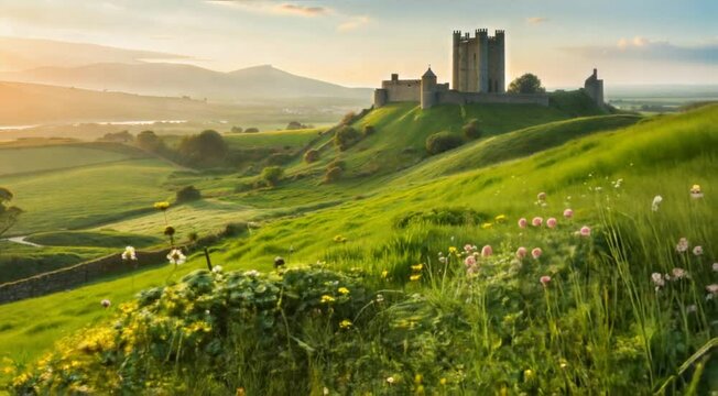 Irish landscape at sunset, picturesque hills, castle and green fields, animation