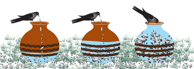 Thirsty crow. Tale of smart black crow and jug of water. Clever bird throws stones into jug to drink cartoon vector story illustration of crow and water. vector illustration.