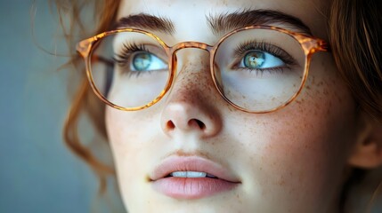 A woman with green eyes and a red head of hair is wearing glasses