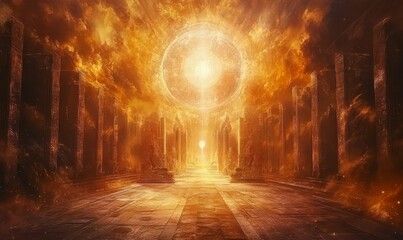 Naklejka premium Golden hall, fiery sky, bright orb, ancient columns.
