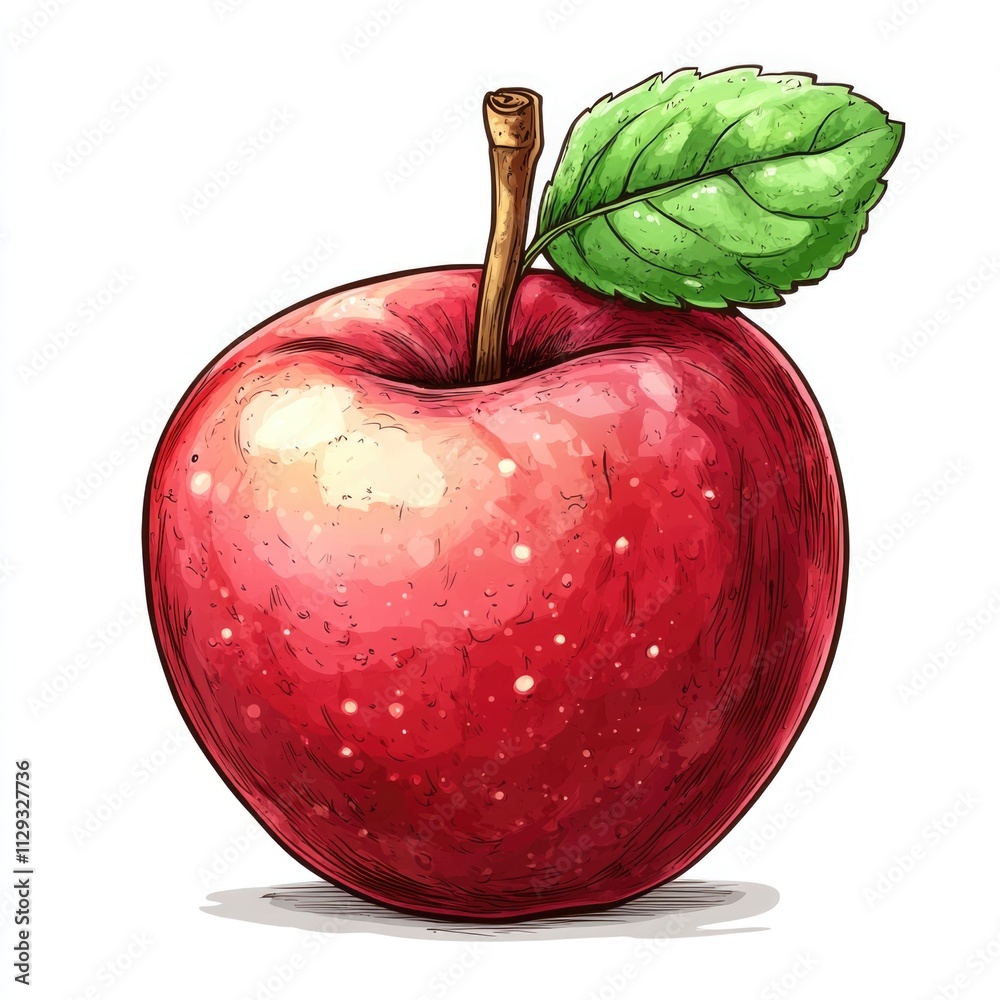 Poster a single red apple with a green leaf attached